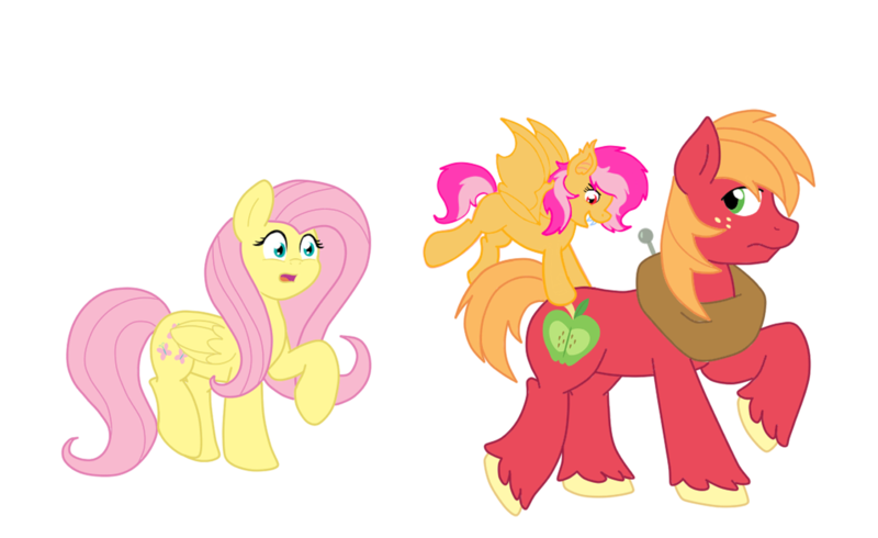 Size: 1280x784 | Tagged: safe, artist:dreamy-tommy, artist:rad-girl, derpibooru import, big macintosh, fluttershy, oc, bat pony, earth pony, pegasus, pony, bat pony oc, bat wings, concerned, family, fangs, father and child, father and daughter, female, filly, fluttermac, foal, image, looking back, male, mare, offspring, parent:big macintosh, parent:fluttershy, parents:fluttermac, png, shipping, simple background, stallion, straight, transparent background, wings