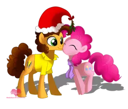 Size: 3500x3000 | Tagged: safe, artist:mimijuliane, derpibooru import, cheese sandwich, pinkie pie, earth pony, pony, cheesepie, christmas, clothes, eyes closed, female, hat, holiday, holly, holly mistaken for mistletoe, kissing, male, mistleholly, mistletoe, santa hat, scarf, shipping, simple background, straight, transparent background