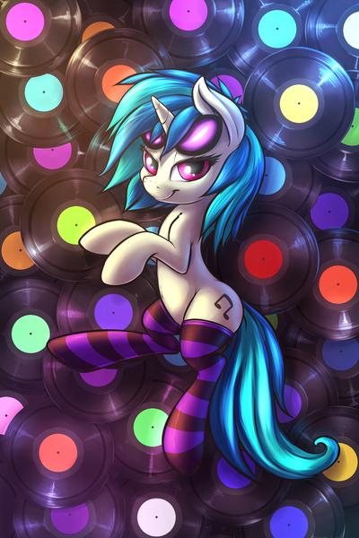 Size: 1000x1500 | Tagged: suggestive, artist:shydale, derpibooru import, vinyl scratch, pony, unicorn, clothes, female, looking at you, mare, records, smiling, socks, solo, striped socks