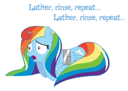 Size: 2302x1646 | Tagged: alternate hairstyle, artist:vincentthecrow, bound wings, broken, context is for the weak, duct tape, fear, fetal position, horrified, madness, open mouth, prone, rainbow dash, safe, scared, shiny, shiny pony, solo, torture, vtc's wacky vectors, wide eyes