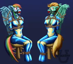 Size: 1495x1308 | Tagged: anthro, artist:quakehoof, ballgag, blushing, bondage, bound wings, box tied, breast bondage, breasts, busty lightning dust, busty rainbow dash, collar, dashsub, derpibooru import, drool, explicit description, female, femsub, gag, latex, lightning dust, lightningsub, rainbond dash, rainbow dash, rope, sitting, stool, submissive, suggestive, tied up, unguligrade anthro, wonderbolts uniform