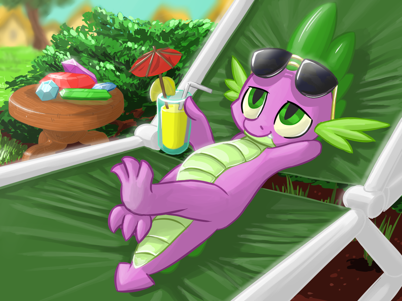 Size: 1440x1080 | Tagged: artist:atteez, chair, derpibooru import, drink, gem, hilarious in hindsight, lounging, reclining, safe, solo, spike, sunglasses, table