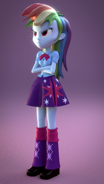 Size: 810x1440 | Tagged: safe, artist:creatorofpony, derpibooru import, rainbow dash, twilight sparkle, equestria girls, /mlp/, 3d, 3d model, angry, blender, clothes, clothes swap, egghead, hilarious in hindsight, rainbow dash always dresses in style, skirt, solo