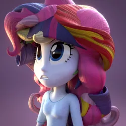 Size: 810x810 | Tagged: safe, artist:creatorofpony, derpibooru import, applejack, fluttershy, pinkie pie, rainbow dash, rarity, sunset shimmer, twilight sparkle, equestria girls, /mlp/, 3d, 3d model, abomination, alternate hairstyle, appleflaritwidashpie, blender, clothes, clothes swap, fashion disaster, mane six, skirt, solo, what has science done