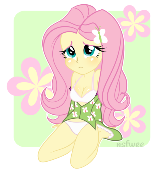 607540 - artist:rileyav, bra, breasts, busty fluttershy, cleavage, clothes,  derpibooru import, equestria girls, female, fluttershy, open clothes, open  shirt, pajamas, panties, rainbow rocks, show accurate, solo, suggestive,  underwear, white underwear ...