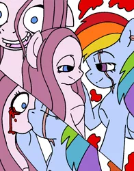 Size: 791x1010 | Tagged: semi-grimdark, artist:reneesdetermination, derpibooru import, pinkie pie, rainbow dash, blood, female, lesbian, pinkadash, pinkiedash, shipping