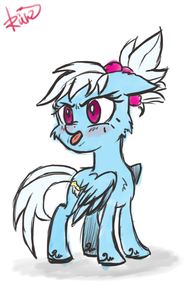 Size: 464x696 | Tagged: safe, artist:ruritn, derpibooru import, fleetfoot, :p, alternate hairstyle, annoyed, blushing, cute, diafleetes, floppy ears, fluffy, glare, nose wrinkle, open mouth, ponytail, raspberry, solo, spread wings, tongue out, unshorn fetlocks, younger