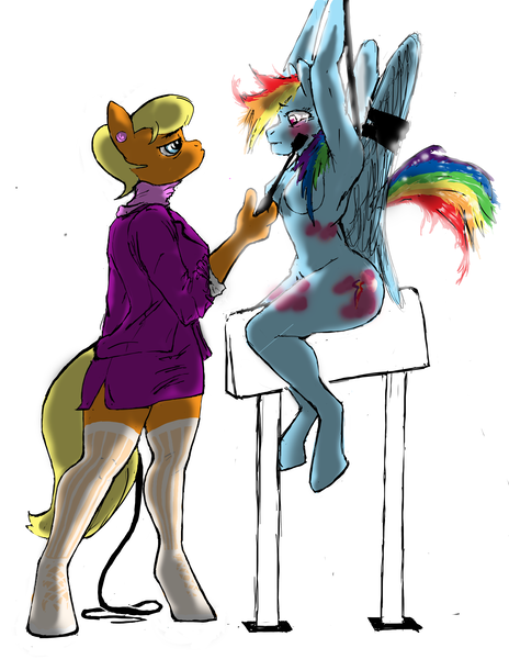Size: 2550x3300 | Tagged: questionable, artist:threewontoo, derpibooru import, edit, ms. harshwhinny, rainbow dash, anthro, abuse, armpits, backlighting, bondage, bondage furniture, bottomless, breasts, bruised, clothed female nude female, clothes, dashsub, dashwhinny, female, femdom, femsub, harshdom, image, lesbian, nipples, nudity, png, riding crop, shipping, sketch, stockings, submissive, whip, wooden horse