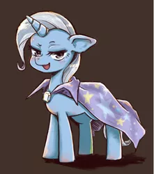 Size: 1012x1143 | Tagged: safe, artist:nazonazopowerfu, derpibooru import, trixie, pony, unicorn, brown background, female, floppy ears, looking at you, mare, open mouth, pixiv, simple background, solo