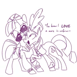 Size: 700x700 | Tagged: safe, artist:goat train, deleted from derpibooru, derpibooru import, commander easy glider, rarity, twilight sparkle, pony, unicorn, ancient wonderbolts uniform, clothes, dialogue, duo, female, flirting, hat, lesbian, mare, monochrome, nuzzling, rarilight, sgt. rarity, shako, shipping, sunglasses, unicorn twilight, uniform, wonderbolts uniform