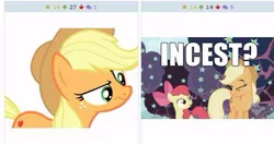 Size: 514x271 | Tagged: apple bloom, applejack, derpibooru, derpibooru import, exploitable meme, image macro, implied applecest, implied bloomjack, implied incest, implied lesbian, implied shipping, juxtaposition, juxtaposition win, meme, meta, safe