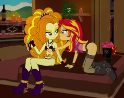 Size: 5556x4389 | Tagged: suggestive, artist:skycatcherequestria, derpibooru import, adagio dazzle, sunset shimmer, equestria girls, rainbow rocks, a-domme-gio, absurd resolution, all fours, and then sex happened, bedroom, bikini, blushing, boots, breasts, candle, clothes, cuffs, fanfic art, fanfic cover, female, femsub, humans doing horse things, i wanna be your pony, imminent sex, lesbian, lingerie, panties, plant, see-through, sexy, show accurate, sideass, stockings, submissive, subset, sunsagio, swimsuit, underwear