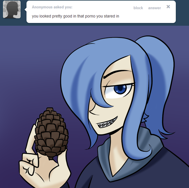 Size: 1280x1271 | Tagged: artist:7nights, ask, ask human luna, braces, derpibooru import, female, human, humanized, pinecone, princess luna, solo, solo female, suggestive, tumblr