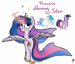 Size: 1089x931 | Tagged: artist needed, source needed, safe, artist:milchik, derpibooru import, princess celestia, twilight sparkle, twilight sparkle (alicorn), oc, oc:morning star, alicorn, pony, alicorn oc, crown, ethereal mane, female, fusion, horseshoes, jewelry, magic, magic aura, mare, rear view, regalia, simple background, spread wings, white background, wings