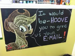 Size: 1118x835 | Tagged: applejack, chalkboard, derpibooru import, dialogue, looking at you, looking back, open mouth, photo, pun, safe, sign, solo, text