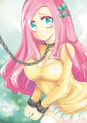 Size: 2480x3508 | Tagged: artist:piripaints, bondage, breasts, chains, cleavage, clothes, collar, derpibooru import, female, fluttershy, human, humanized, keyhole turtleneck, leash, open-chest sweater, skirt, solo, solo female, suggestive, sweater, sweatershy, turtleneck, winged humanization