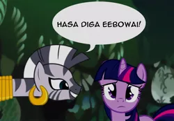 Size: 1000x698 | Tagged: derpibooru import, hasa diga eebowai, musical, safe, semi-vulgar, the book of mormon, twilight sparkle, zebra, zecora