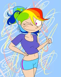 Size: 557x700 | Tagged: alternate hairstyle, artist:the-moonman-of-1997, belly button, clothes, derpibooru import, human, humanized, midriff, rainbow dash, safe, shorts, thumbs up