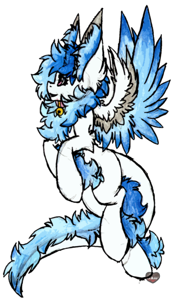 Size: 980x1710 | Tagged: safe, derpibooru import, oc, oc:alacer, unofficial characters only, original species, augmented tail, bell, bell collar, collar, cute, ears, female, floral head wreath, fluffy, lutei, mare, wings