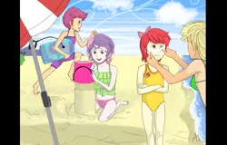 Size: 1467x937 | Tagged: apple bloom, applejack, barefoot, beach, bikini, bucket, clothes, cutie mark crusaders, derpibooru import, feet, human, humanized, midriff, one-piece swimsuit, safe, sand, scootaloo, sweetie belle, swimsuit, tankini, umbrella, water