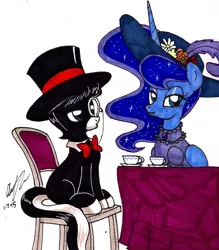 Size: 1282x1463 | Tagged: safe, artist:newyorkx3, derpibooru import, princess luna, oc, oc:tommy junior, alicorn, earth pony, pony, bowtie, clothes, colt, cup, dress, female, hat, like a sir, male, mare, monocle, monocle and top hat, simple background, teacup, top hat, traditional art
