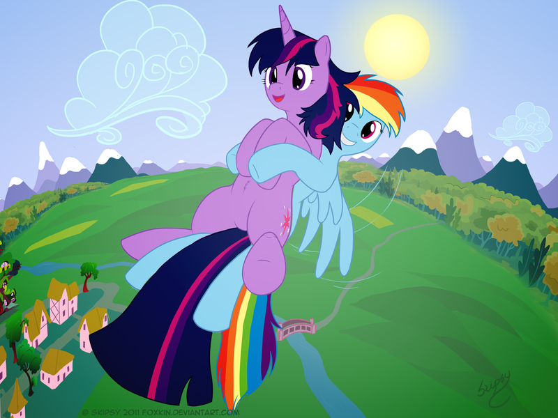 Size: 2251x1688 | Tagged: safe, artist:skipsy, derpibooru import, rainbow dash, twilight sparkle, pegasus, pony, unicorn, bridge, carrying, cloud, duo, female, field, flying, forest, golden oaks library, happy, hoof hold, leg hold, lesbian, mare, mountain, open mouth, ponyville, river, shipping, signature, sky, smiling, spread wings, sun, twidash, underhoof, vector, vertigo, wings