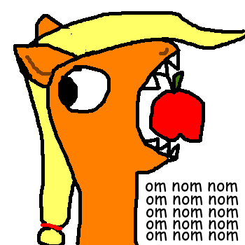 Size: 350x350 | Tagged: apple, applejack, artist:sandwich, comic sans, derpibooru import, ms paint, nom, safe, solo, stylistic suck, that pony sure does love apples