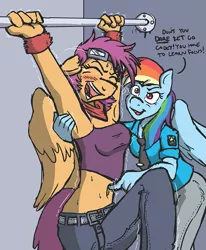 Size: 699x848 | Tagged: suggestive, artist:caroo, derpibooru import, rainbow dash, scootaloo, anthro, armpits, belly button, dashdom, female, goggles, image, laughing, lesbian, midriff, navel play, png, scootadash, scootasub, shipping, sketch, sweat, tickle torture, tickling
