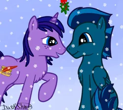 Size: 1024x916 | Tagged: artist:daskshine, chest fluff, derpibooru import, gay, gradient background, implied kissing, looking at each other, male, mistleholly, oc, oc:dask shine, open mouth, raised hoof, safe, shipping, sitting, smiling, snow, snowfall, unofficial characters only, winter