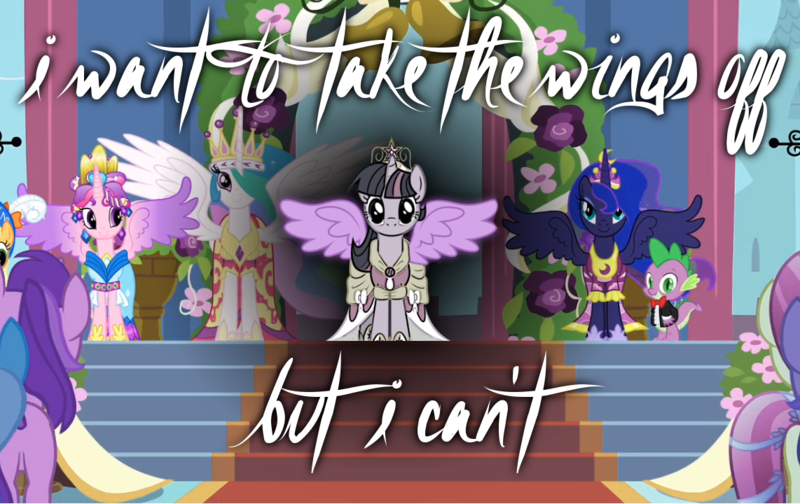 Size: 1142x720 | Tagged: safe, derpibooru import, amethyst star, fleur de verre, princess cadance, princess celestia, princess luna, spike, twilight sparkle, twilight sparkle (alicorn), alicorn, pony, alicorn drama, alicorn tetrarchy, bioshock, cat thread, drama, fanfic art, fanfic cover, female, kitten thread, mare, no mouth, old drama, reference, the ride never ends