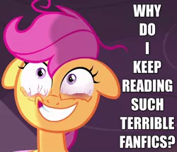 Size: 700x600 | Tagged: bloodshot eyes, caption, contemplating insanity, crazy face, derpibooru import, edit, edited screencap, eye twitch, faic, fanfic, floppy ears, grin, image macro, insanity, meta, reaction image, safe, scootaloo, screencap, sleepless in ponyville, smiling, solo, wide eyes