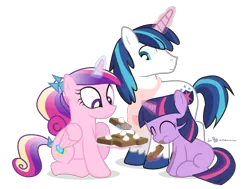 Size: 1110x840 | Tagged: apron, artist:dm29, brownies, clothes, derpibooru import, eating, filly, food, magic, princess cadance, safe, shining armor, simple background, transparent background, trio, twilight sparkle