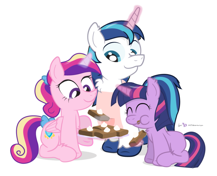 Size: 1110x900 | Tagged: apron, artist:dm29, brownies, chest fluff, clothes, derpibooru import, eating, filly, fluffy, food, fuzznums, magic, princess cadance, safe, shining armor, simple background, transparent background, trio, twilight sparkle