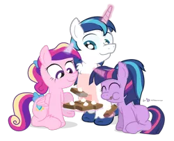 Size: 1110x900 | Tagged: apron, artist:dm29, brownies, chest fluff, clothes, derpibooru import, eating, filly, fluffy, food, fuzznums, magic, princess cadance, safe, shining armor, simple background, transparent background, trio, twilight sparkle