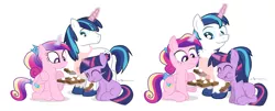 Size: 2220x900 | Tagged: apron, artist:dm29, brownies, chest fluff, clothes, comparison, derpibooru import, eating, filly, food, fuzznums, magic, princess cadance, safe, shining armor, style comparison, trio, twilight sparkle