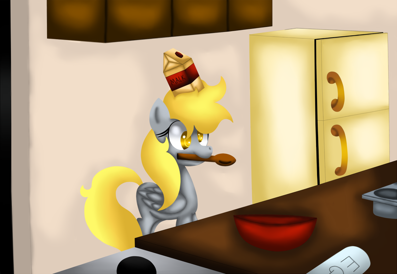 Size: 1680x1159 | Tagged: safe, artist:king-sombrero, derpibooru import, derpy hooves, pegasus, pony, baking, bowl, cute, female, kitchen, malk, mare, messy mane, milk, mouth hold, refrigerator, smiling, solo, spoon, this will end in tears