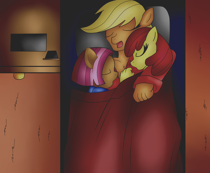 Size: 1532x1268 | Tagged: anthro, apple bloom, apple family, applejack, artist:mytatsur, babs seed, derpibooru import, request, safe, sleeping