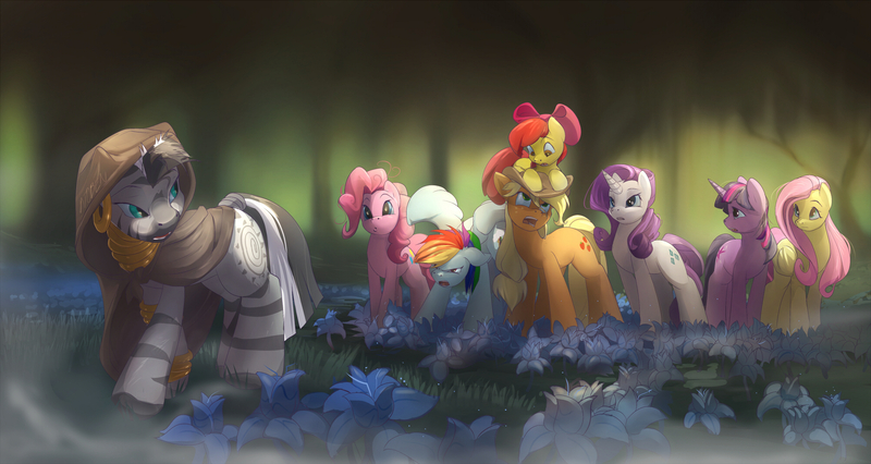 Size: 2000x1066 | Tagged: safe, artist:noben, derpibooru import, apple bloom, applejack, fluttershy, pinkie pie, rainbow dash, rarity, twilight sparkle, zecora, earth pony, pegasus, pony, unicorn, zebra, bridle gossip, bow, female, filly, flower, hair bow, hat, looking at each other, mane six, mare, open mouth, poison joke, scene interpretation