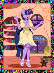 Size: 768x1039 | Tagged: anthro, artist:sonork91, birthday dress, breasts, busty twilight sparkle, clothes, derpibooru import, deviantart watermark, dress, feet, female, high heels, library, obtrusive watermark, party, plantigrade anthro, sandals, suggestive, toes, twilight sparkle, watermark