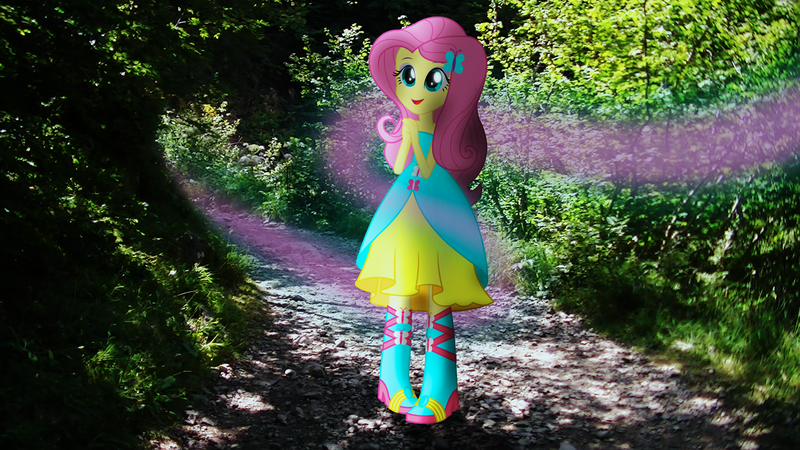 Size: 3840x2160 | Tagged: safe, artist:bastbrushie, derpibooru import, fluttershy, equestria girls, boots, clothes, cute, dress, equestria girls in real life, fall formal outfits, female, forest, high heel boots, irl, pathway, photo, solo