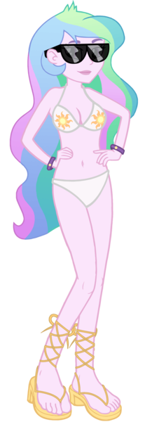 Size: 4286x11849 | Tagged: safe, artist:kevintoons915, derpibooru import, edit, princess celestia, equestria girls, absurd resolution, belly button, bikini, clothes, cutie mark, feet, hand on hip, principal celestia, sandals, simple background, solo, sunglasses, swimsuit, transparent background, vector