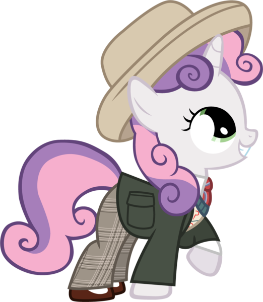 Size: 972x1117 | Tagged: artist:cloudyglow, claire corlett, clothes, cosplay, costume, crossover, derpibooru import, doctor who, safe, seventh doctor, simple background, solo, sweetie belle, sylvester mccoy, transparent background, vector, wip