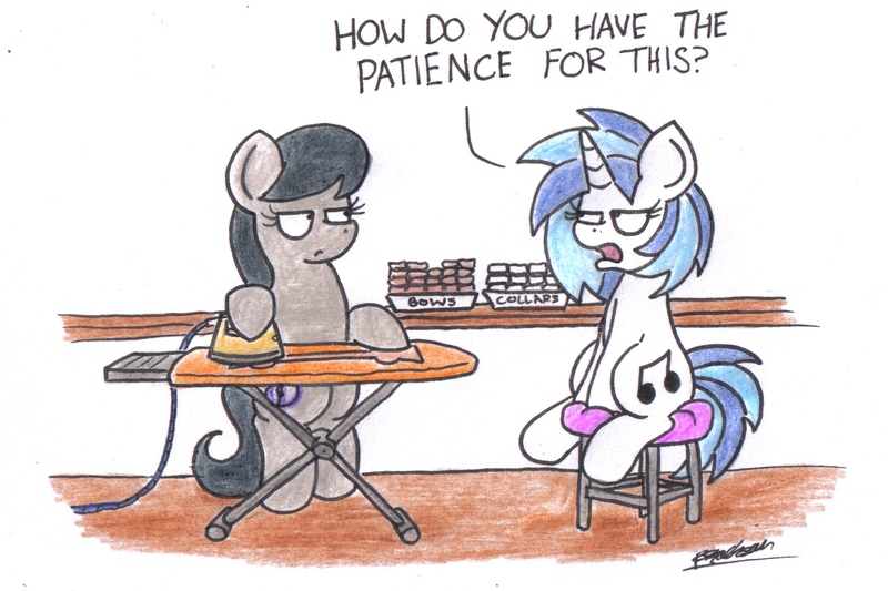 Size: 1930x1286 | Tagged: safe, artist:bobthedalek, derpibooru import, octavia melody, vinyl scratch, earth pony, pony, unicorn, duo, ironing, octavia is not amused, sitting, stool, unamused, vinyl is not amused