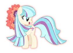 Size: 4115x3000 | Tagged: safe, artist:aqua-pony, derpibooru import, coco pommel, saiyan, cocobetes, cute, dragon ball z, flower in hair, glow, image, long mane, long tail, looking back, open mouth, png, rainbow power, rainbow power-ified, simple background, smiling, solo, super saiyan, transparent background, vector