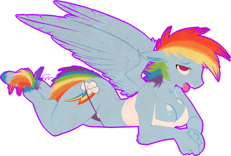 Size: 749x507 | Tagged: questionable, artist:cider, artist:dr-idiot, derpibooru import, rainbow dash, anthro, unguligrade anthro, breasts, busty rainbow dash, female, pinup, prone, solo, solo female, sweat, tongue out, unshorn fetlocks