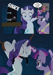 Size: 752x1063 | Tagged: suggestive, artist:radiantrealm, derpibooru import, rarity, twilight sparkle, twilight sparkle (alicorn), alicorn, pony, comic:reframed rarity, ballgag, blushing, bondage, chains, comic, dialogue, door, door slam, dungeon, female, gag, happy bondage, imprisoned, lesbian, mare, rarilight, roleplaying, shackles, shipping, show accurate, show accurate porn, twidom