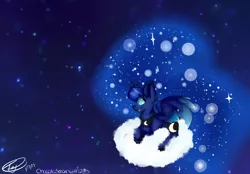 Size: 2300x1600 | Tagged: artist:chocolaterainwith235, cloud, derpibooru import, princess luna, prone, safe, smiling, solo, space, spread wings