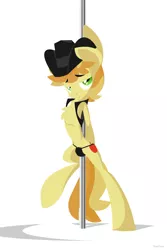 Size: 1280x1920 | Tagged: suggestive, artist:hoverrover, derpibooru import, braeburn, earth pony, pony, bipedal, chest fluff, clothes, cowboy hat, cutie mark, hat, hooves, lineless, male, panties, pole dancing, pubic hair, simple background, solo, solo male, stallion, thong, underwear, white background