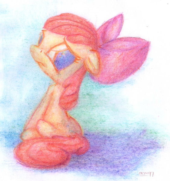 Size: 918x977 | Tagged: apple bloom, artist:aemantaslim, colored pencil drawing, derpibooru import, sad, safe, sitting, solo, traditional art