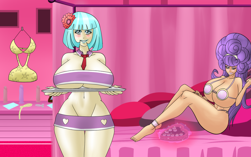 Size: 1600x1000 | Tagged: anklet, artist:annon, bed, bedroom eyes, belly button, between breasts, big breasts, bimbo, bimboification, blue eyes, blue hair, breast rest, breasts, busty coco pommel, busty suri polomare, clothes, coco pommel, curtains, dildo, dress, eyebrows, eyelashes, eyeliner, eyeshadow, female, females only, flower, flower in hair, glow, hairband, huge breasts, human, humanized, impossibly large breasts, large order of milk, lipstick, long hair, magic, makeup, measuring tape, miniskirt, necktie, purple hair, questionable, scissors, seductive look, seductive pose, sex toy, sexy, short hair, skirt, stupid sexy coco pommel, suri polomare, tray